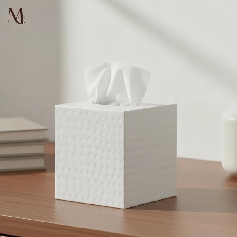 Monarch Abode Tissue Box Cover Square â€“ Hand Hammered White Metal Tissue Holder Box for Bathroom Accessory, Aesthetic Decorative Facial Napkin Cube for Modern Home Decor - Image 2